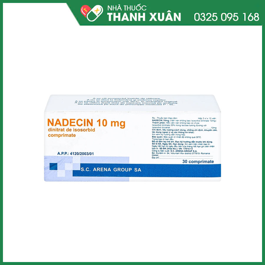 Nadecin 10mg thuốc phòng và điều trị cơn đau thắt ngực, điều trị suy tim sung huyết